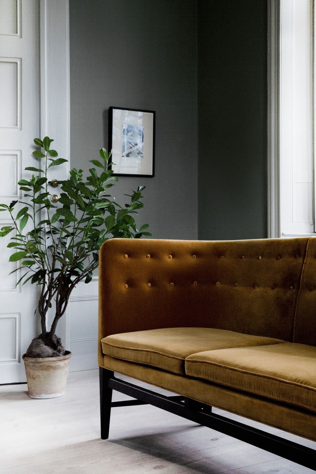 Nahaufnahme des Mayor Sofas von AndTradition, ein 3-Sitzer Sofa aus braunem Samt mit Knopfleiste.