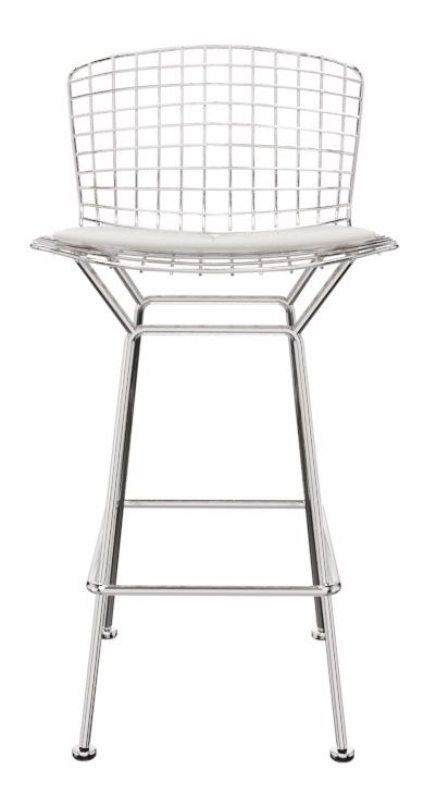 Bertoia Barhocker von Knoll International mit verchromtem Drahtgestell und weißem Sitzkissen, Frontansicht.