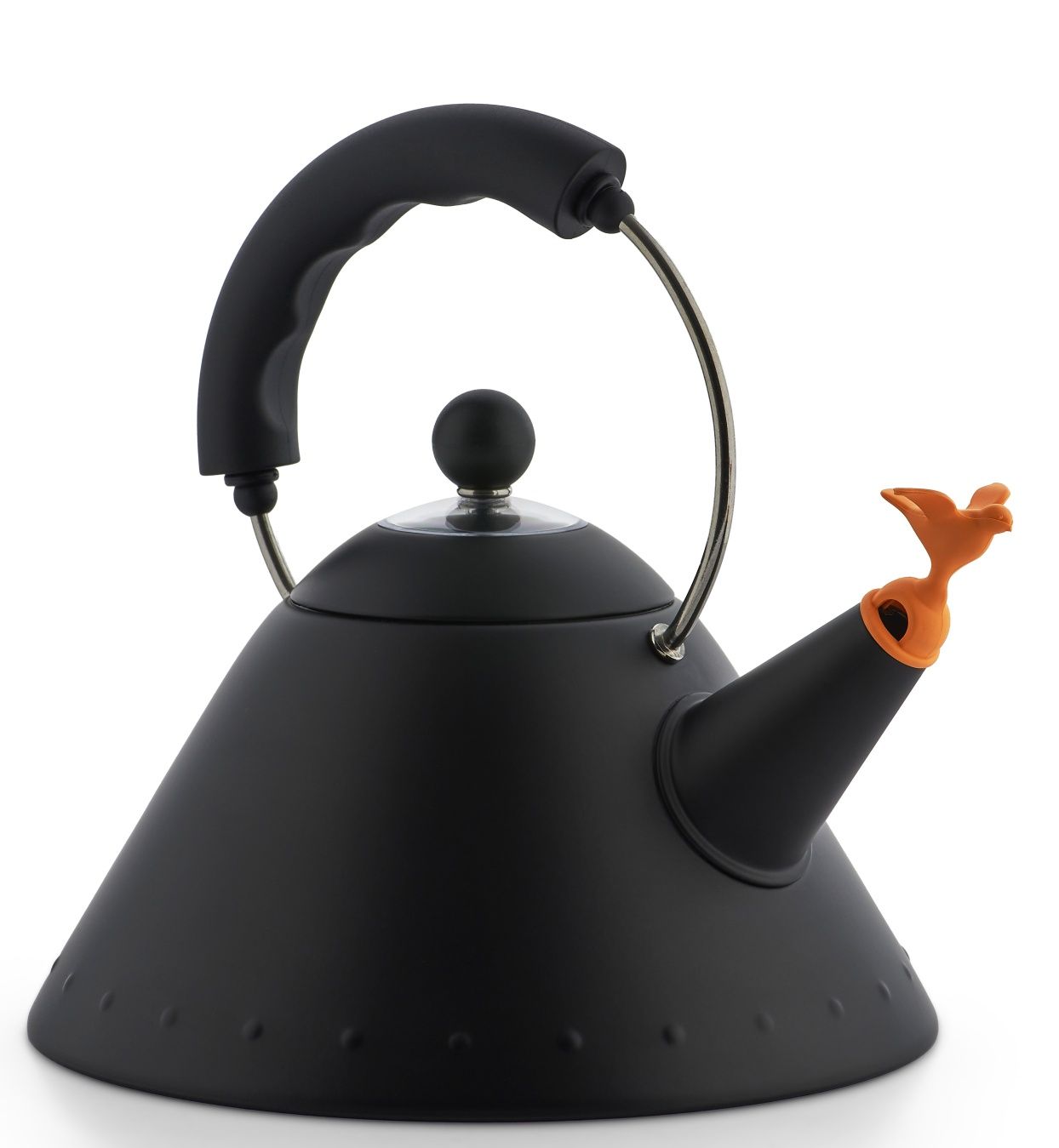 Schwarzer Alessi Wasserkessel 9093 BB mit Vogelpfeife, Design-Klassiker für die Küche und Teewasser.
