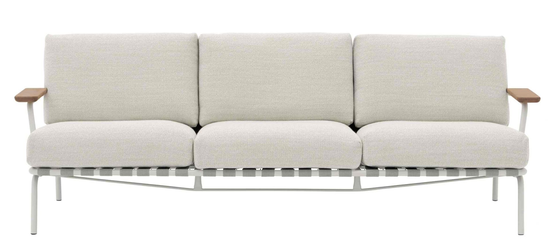 Muuto Settle Outdoor Sofa 3-Sitzer in Weiß mit Holzarmlehnen, moderne Gartenmöbel für Terrasse und Balkon.