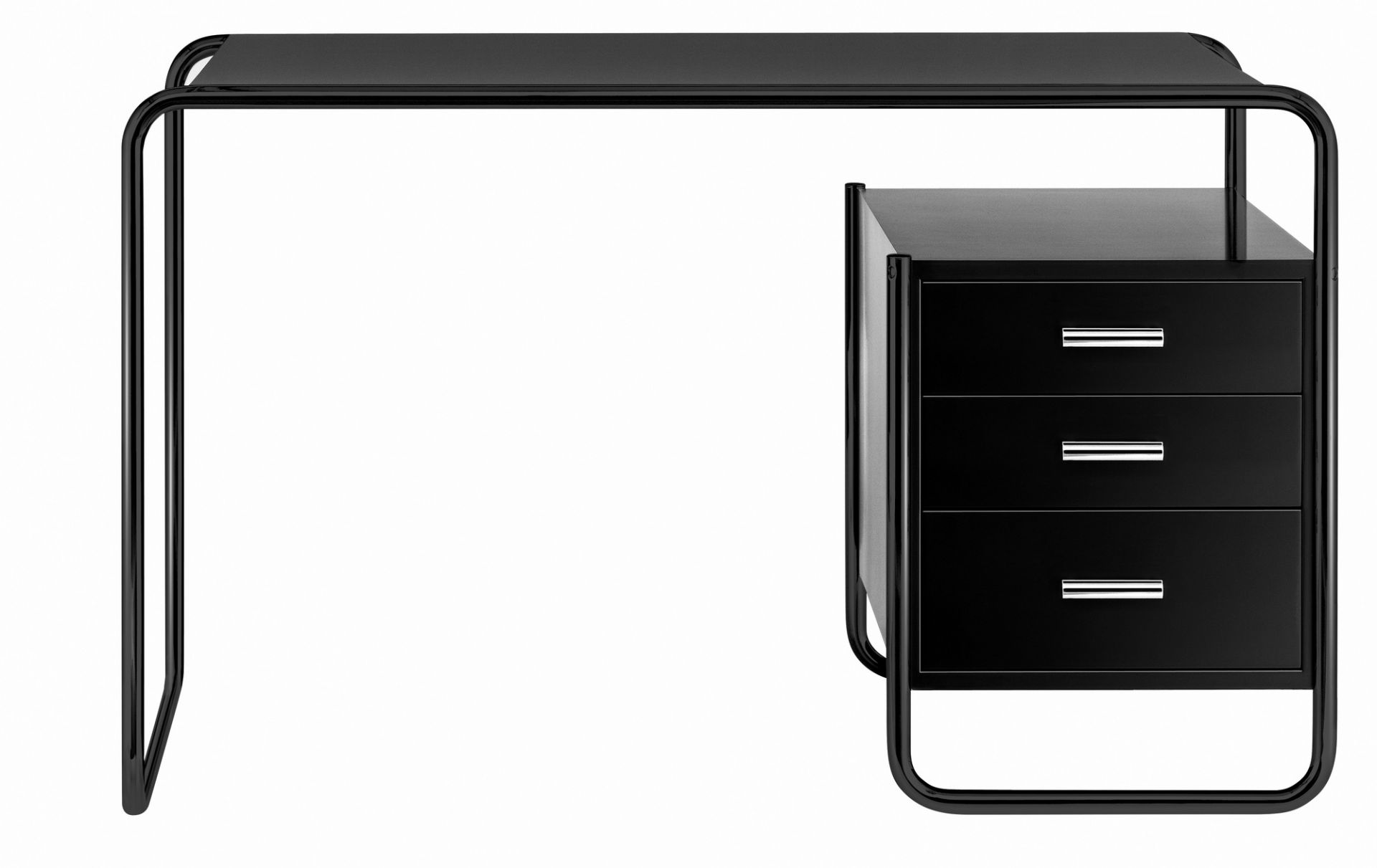 Schwarzer S 285 Stahlrohr Schreibtisch von Thonet mit drei Schubladen und minimalistischem Design.