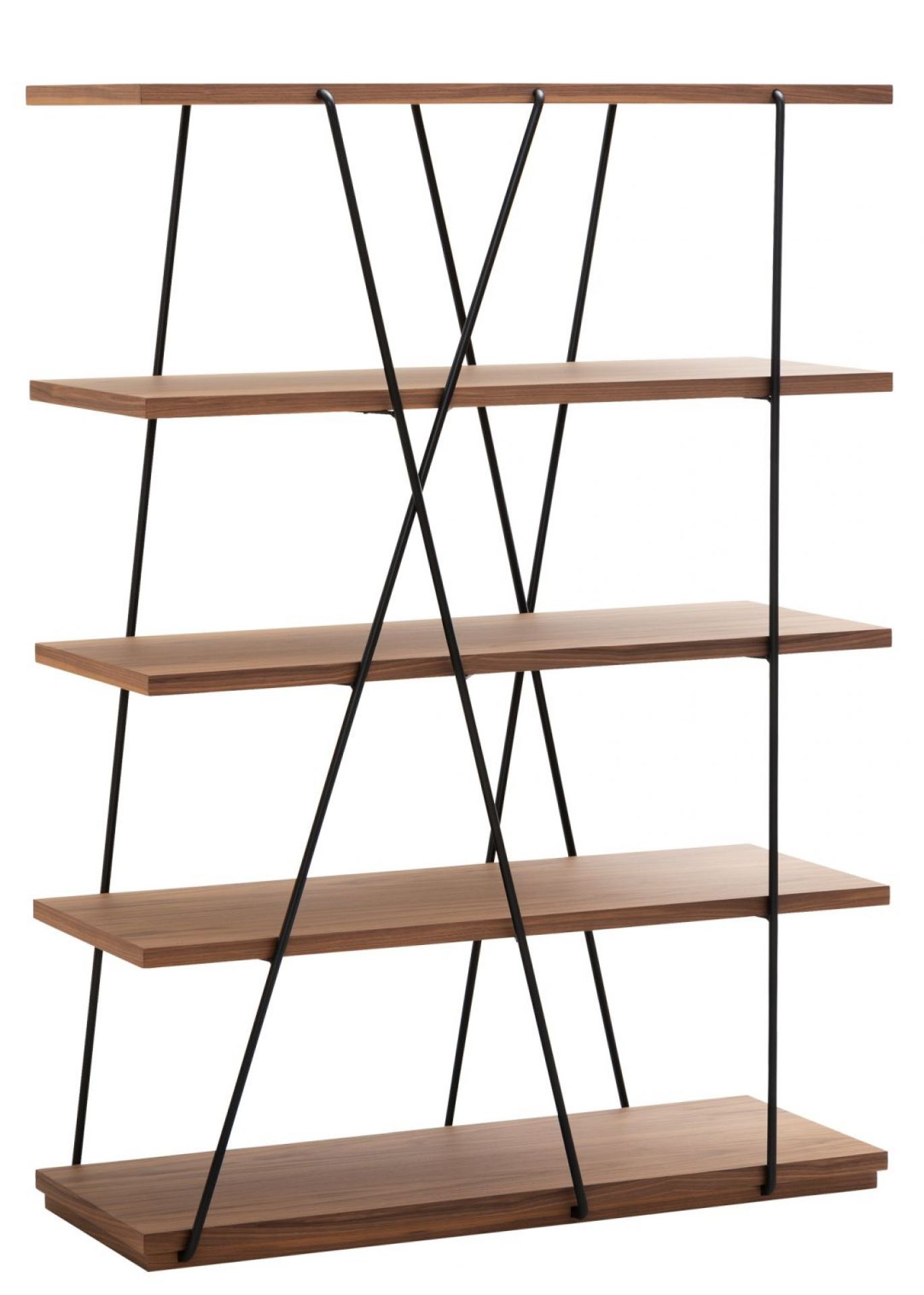 Matassa Regal: Freistehendes Bücherregal aus Walnussholz mit schwarzem Metallgestell, modernes Design.