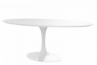 Weißer Saarinen Esstisch mit ovaler Tischplatte und zentralem Fuß, Designklassiker für Esszimmer.