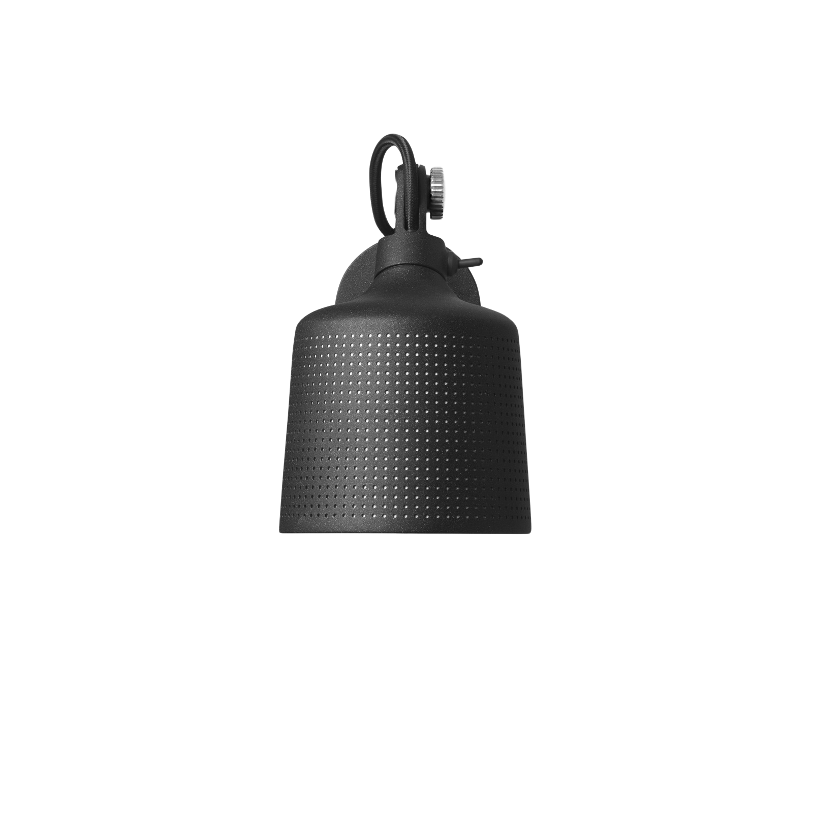 Schwarze Vipp Wandlampe klein aus pulverbeschichtetem Metall mit feinen Löchern für indirekte Beleuchtung.