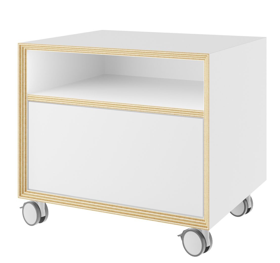 Vertiko Kommode von Müller Möbelwerkstätten, kleine weiße Nachttisch Kommode mit Schublade und Rollen.