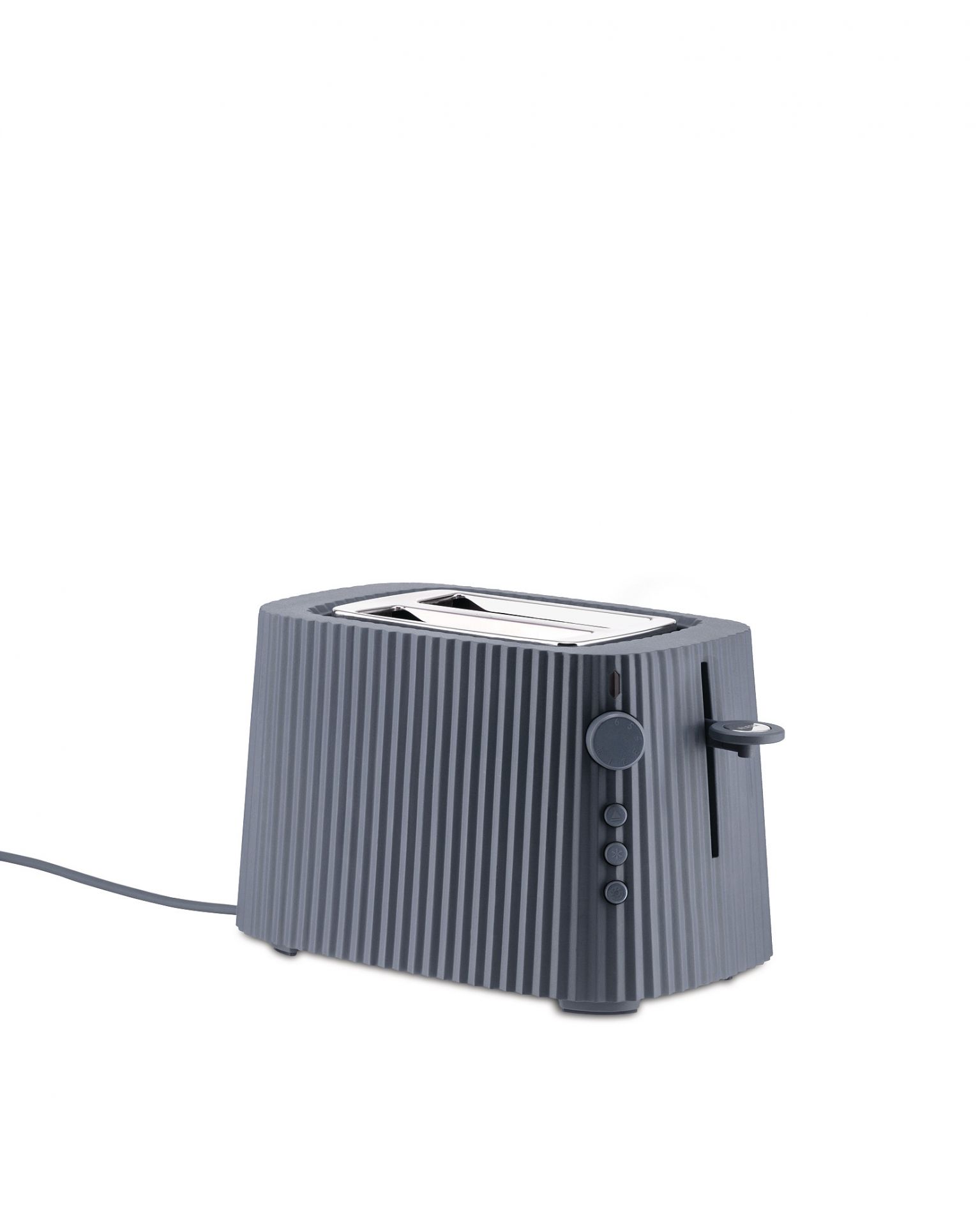 Schwarzer Alessi Plissé Toaster MDL08 B: Design Toaster mit Rillenstruktur für knusprige Toastscheiben.