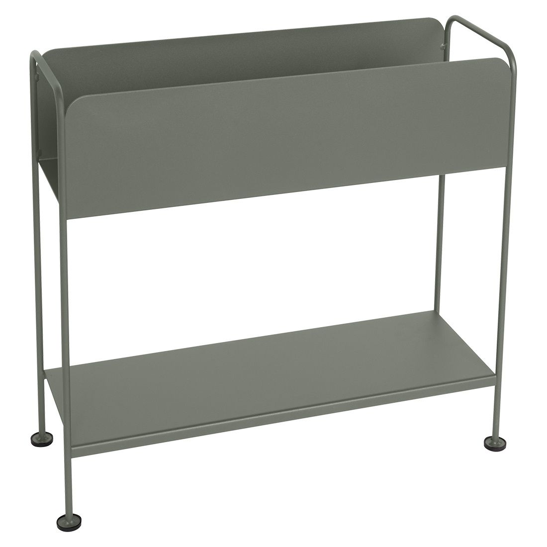 Grauer Picolino Blumentopf von Fermob für den Außenbereich, modernes Design mit zwei Ablageflächen.