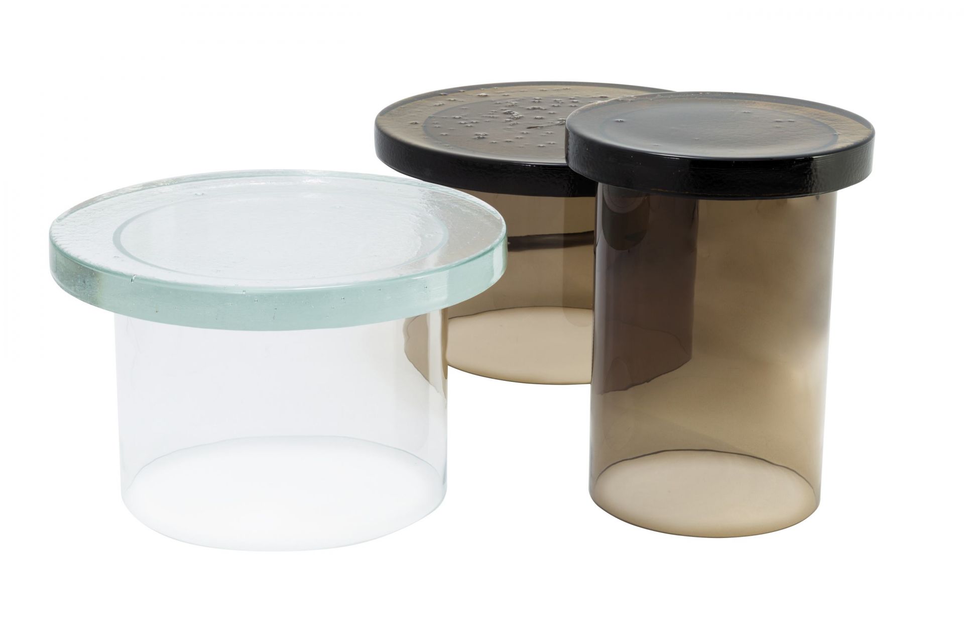 Alwa Couchtisch Set von Pulpo, bestehend aus drei runden Beistelltischen aus Glas.
