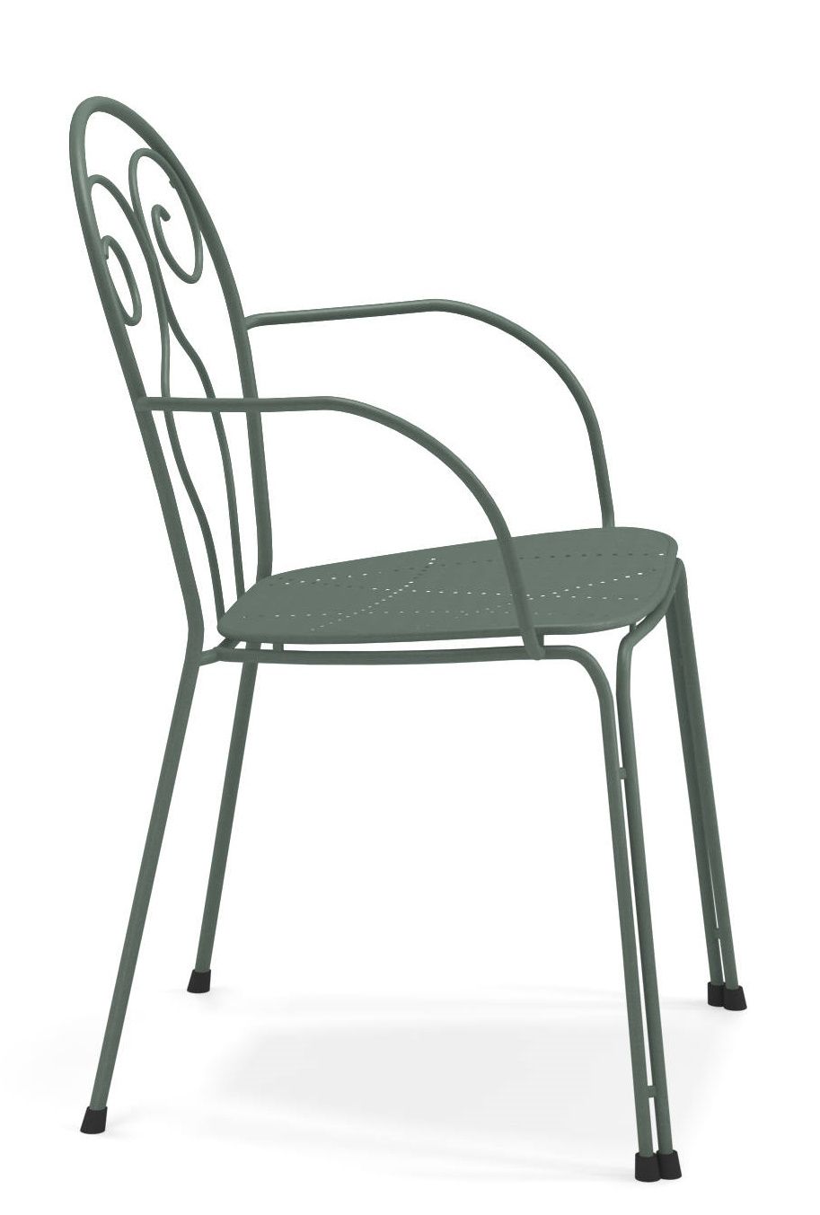 Caprera Stuhl Outdoor Emu, grüner Metallstuhl mit Armlehnen und filigranem Design für Garten und Terrasse.