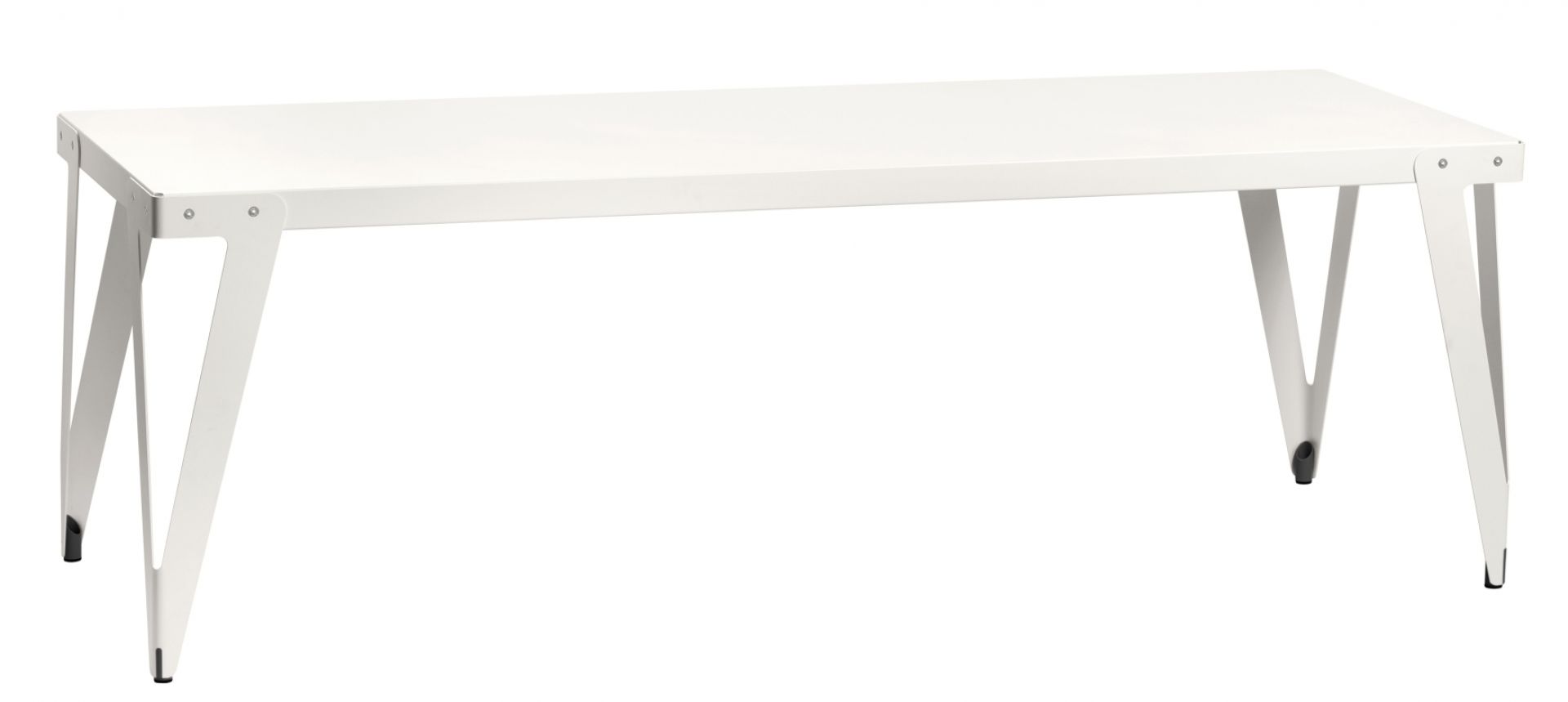Weißer Lloyd Outdoor Table Tisch mit minimalistischem Design und markanten, schrägen Beinen.