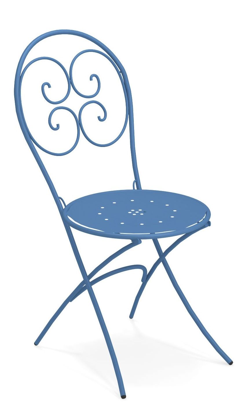 Blauer Pigalle Klappstuhl von Emu für den Außenbereich, Metallstuhl mit Lochmuster und geschwungenem Rückendesign.