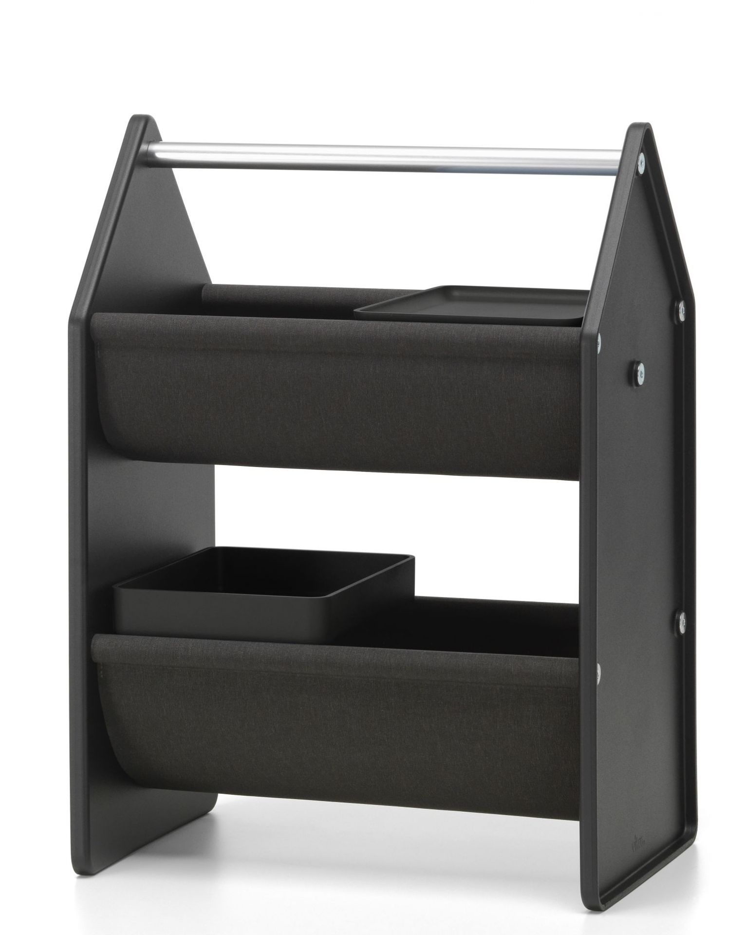 Vitra Drop Box Tray Set, schwarzes Aufbewahrungssystem mit zwei Stoffbehältern und Ablagefächern.