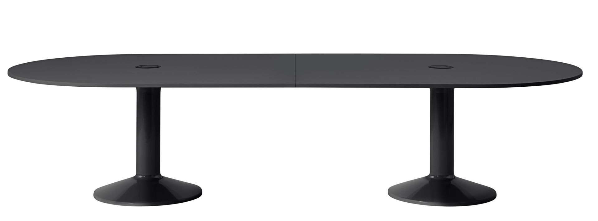 Schwarzer Muuto Midst Conference Table Konferenztisch mit ovaler Tischplatte und zwei runden Tischbeinen.