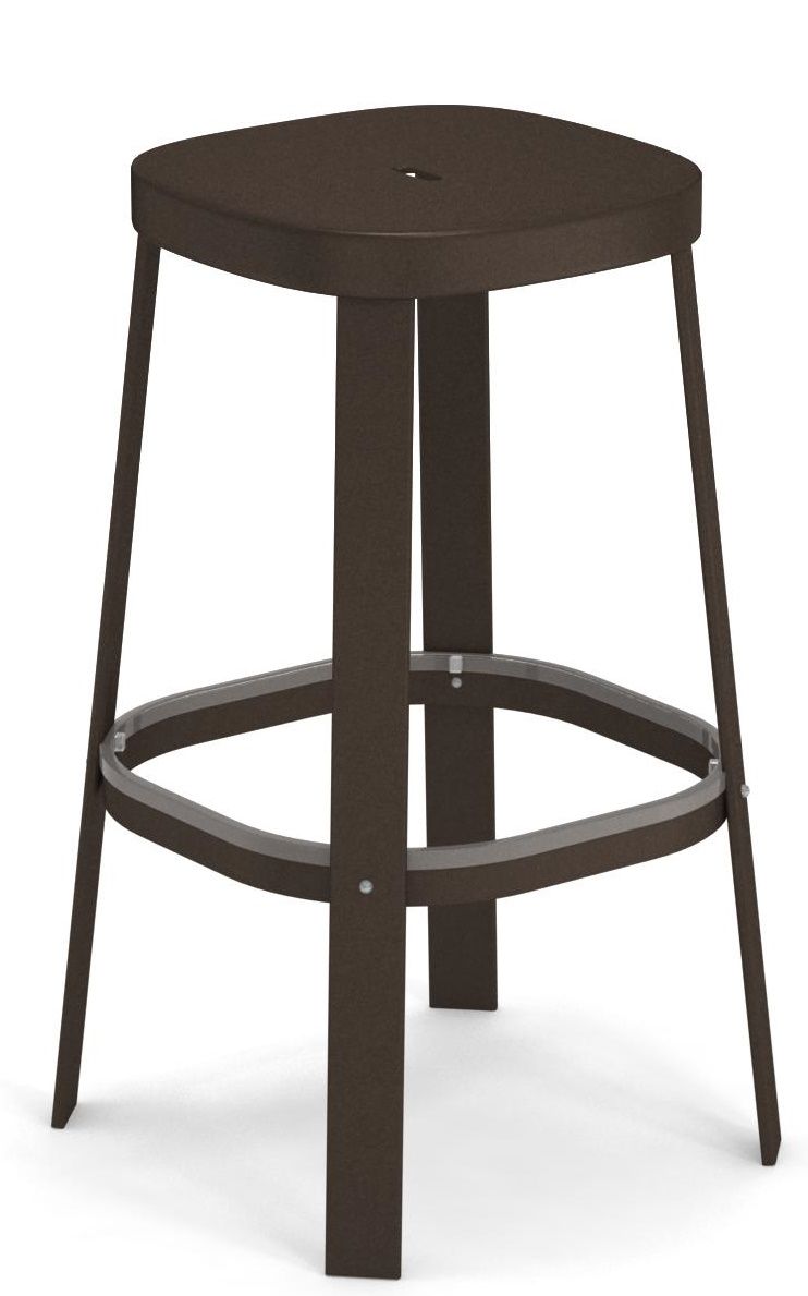 Thor Barstool Barhocker von Emu für den Außenbereich, braunes Metallgestell mit Fußstütze.