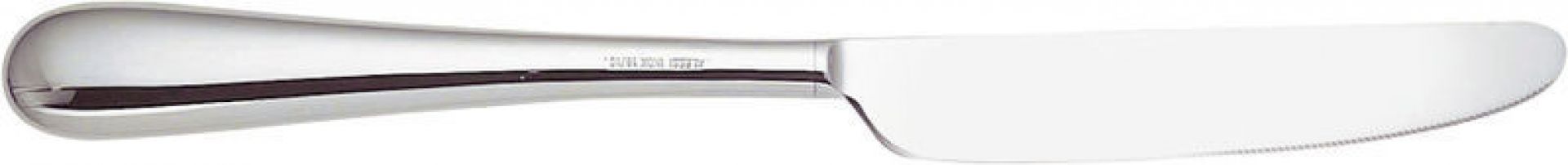 Nahaufnahme eines Messers aus der Alessi Nuovo Milano Besteckgarnitur, Edelstahl, modernes Design.