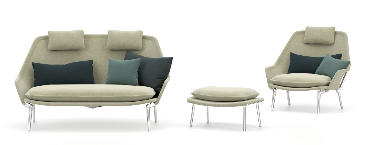 Vitra Slow Chair und Ottoman Sessel aus Stoff in Beige mit Kissen, modernes Design.