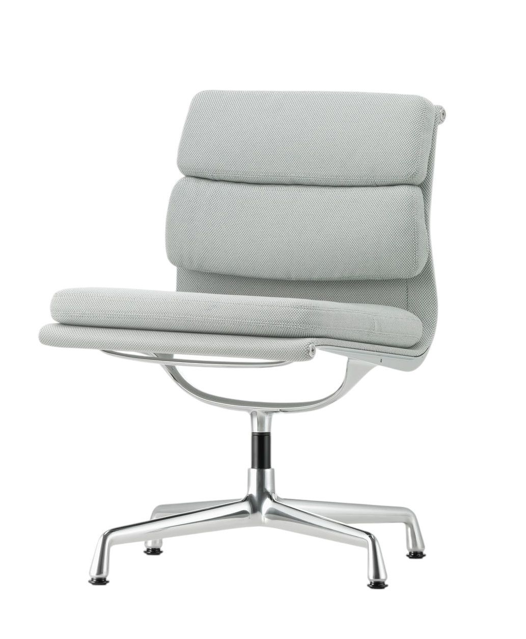 Vitra EA 205 Soft Pad Chair in Hellgrau mit Aluminiumfuß und Armlehnen, Frontansicht.