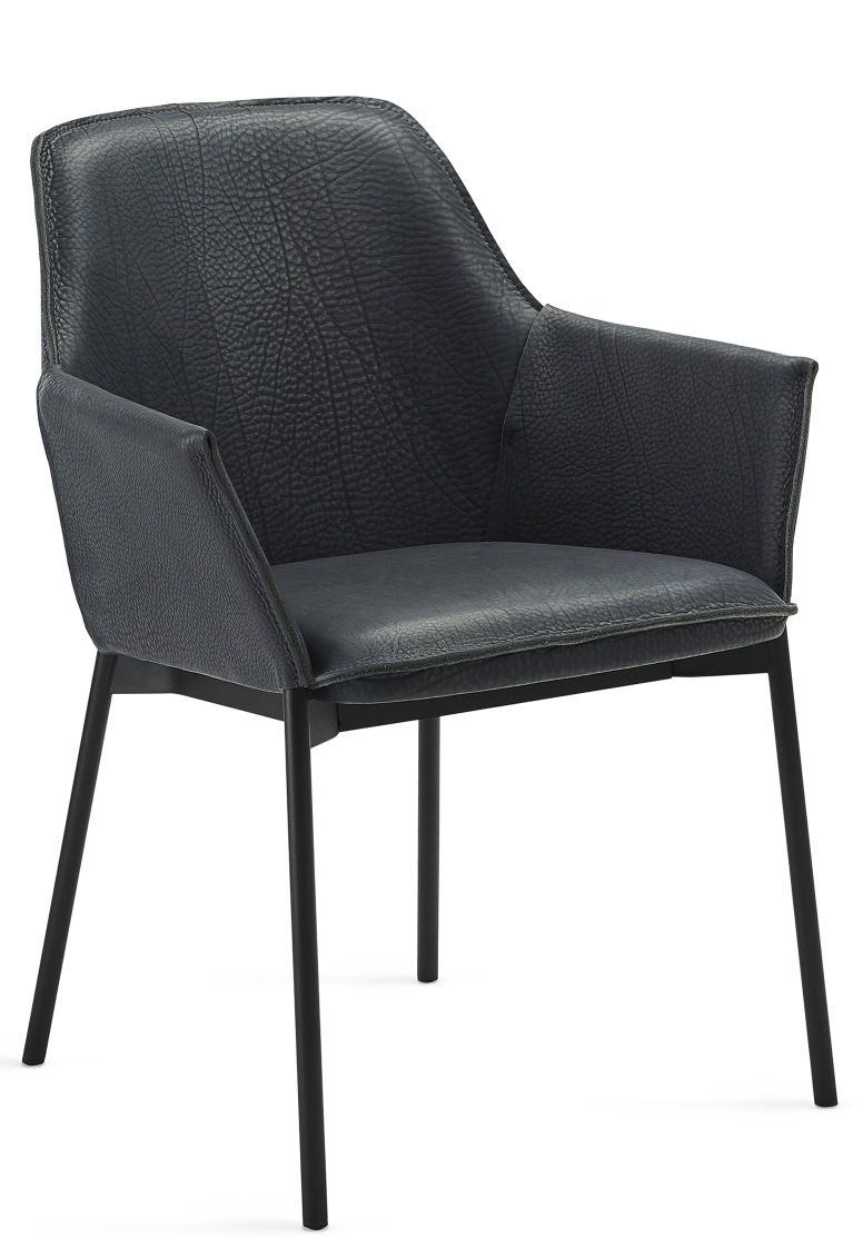 Grace Lounge Chair High von Freifrau Manufaktur: Eleganter Stuhl mit schwarzem Lederbezug und filigranem Metallgestell.