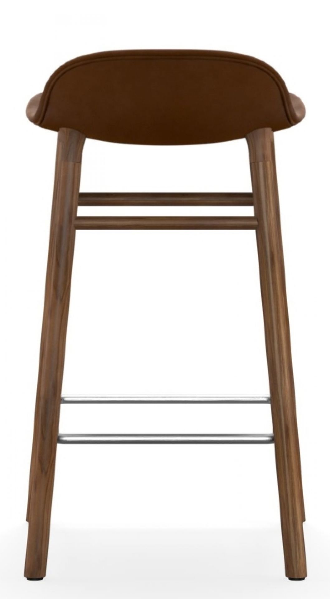 Form Barstool Barhocker von Normann Copenhagen, H 75 cm, Holzgestell mit braun gepolsterter Sitzfläche, Rückenansicht.