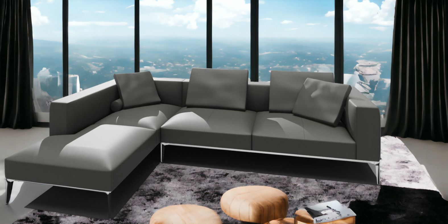 Jaan Living Sofa, 3-Sitzer Ledersofa in Mineralgrau mit Kissen und Komfortrollen.