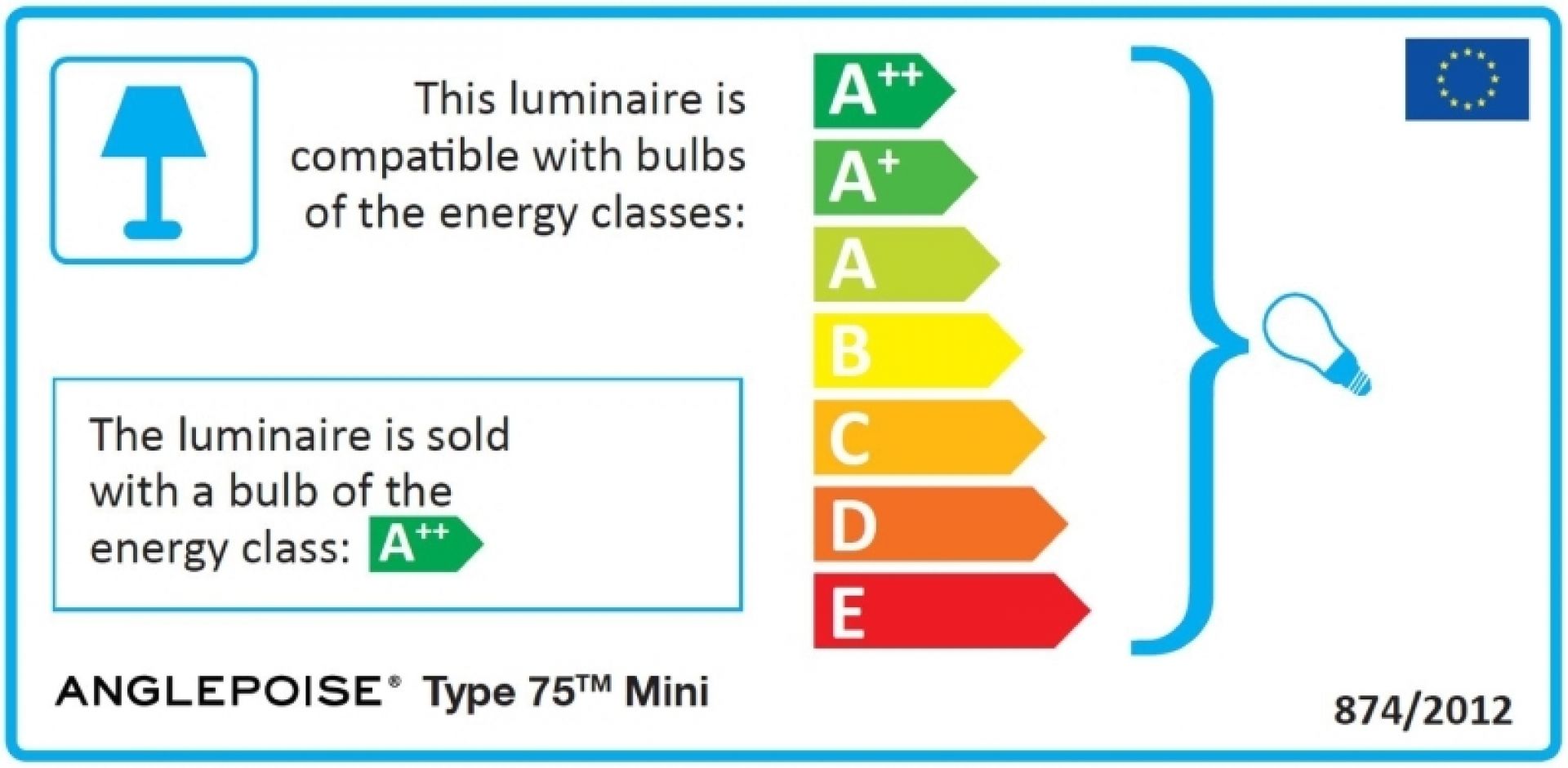 Energieeffizienzlabel für Anglepoise Type 75 Mini Paul Smith Edition 1 Tischleuchte mit Energieklassen von A++ bis E.