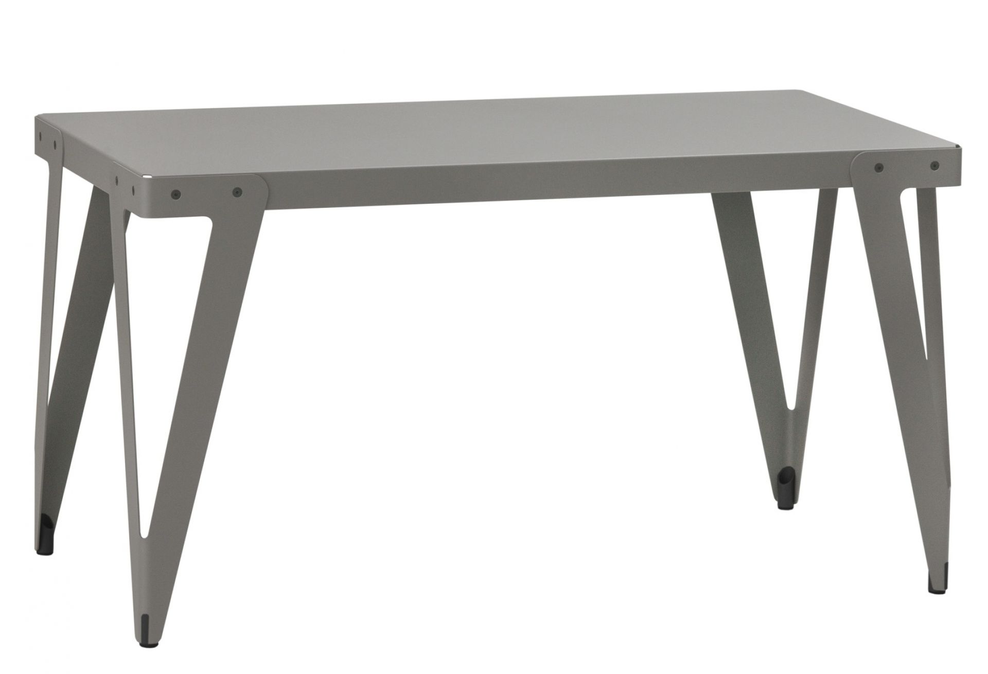 Grauer Lloyd Indoor Table Tisch Functionals mit rechteckiger Tischplatte und markantem, modernem Metallgestell.