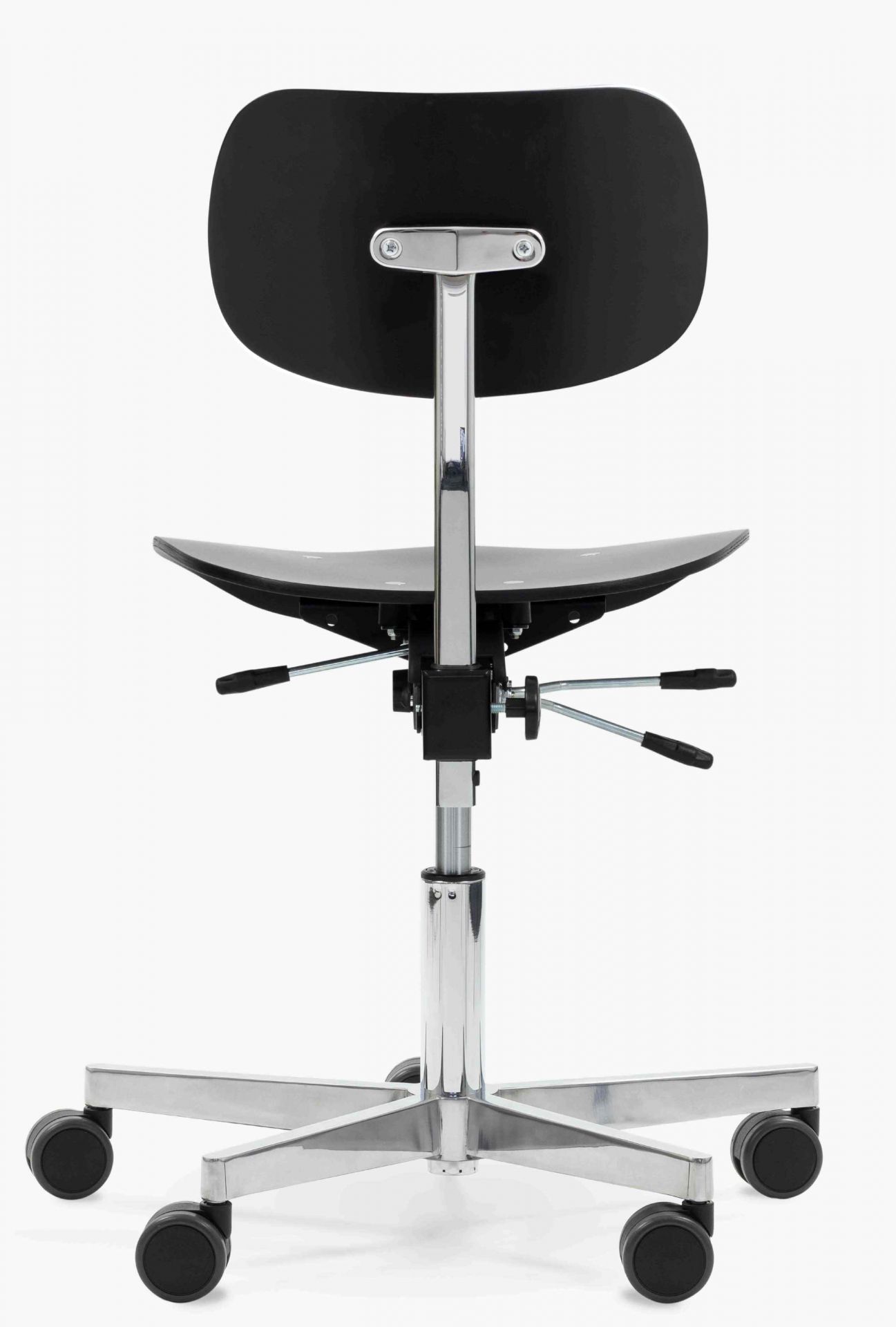 S 197 R20 Drehstuhl von Wilde+Spieth, ergonomischer Bürostuhl mit Rollen und verstellbarer Rückenlehne, Ansicht von hinten.