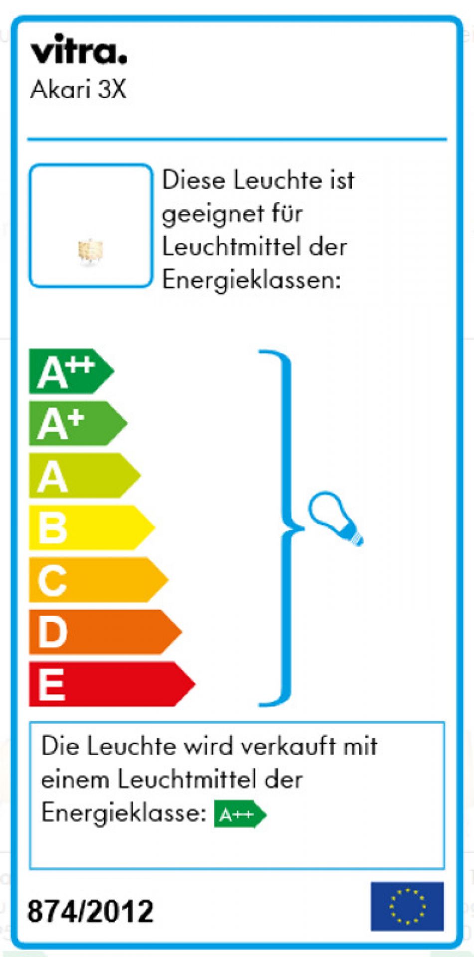 Energieeffizienzlabel der Akari 3X Tischleuchte von Vitra, mit Energieklassen A++ bis E.