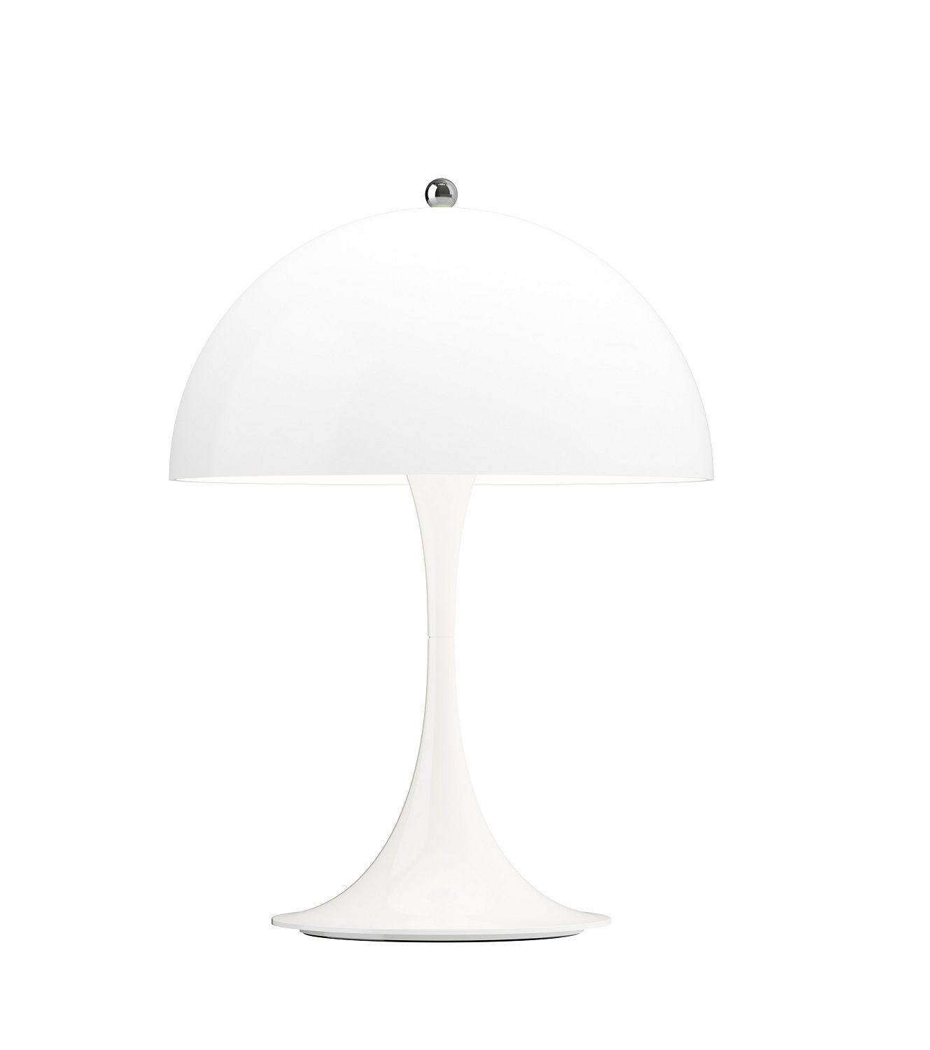 Weiße Panthella Tischleuchte von Louis Poulsen, eine moderne und tragbare Lampe für stimmungsvolle Beleuchtung.