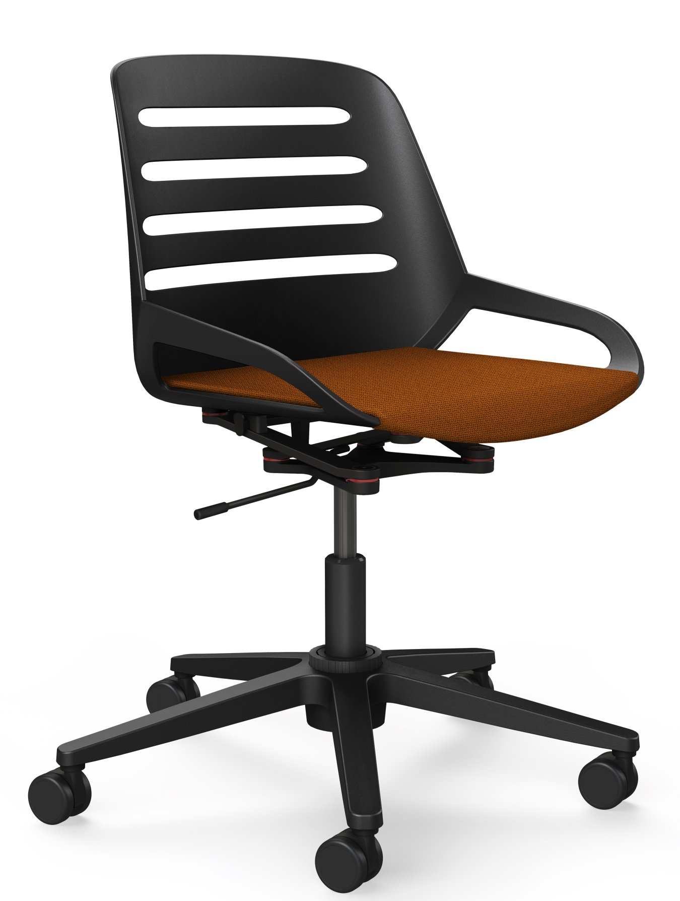 Numo Task Bürodrehstuhl von Aeris mit schwarzem Gestell und orangefarbener Sitzfläche auf Rollen.