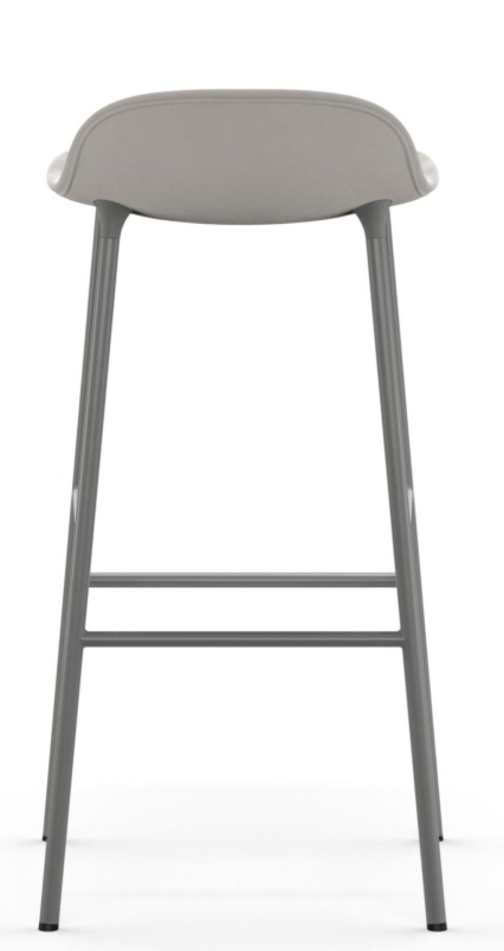 Rückansicht des grauen Form Barstool Barhockers von Normann Copenhagen mit Stahlgestell und gepolsterter Sitzfläche.