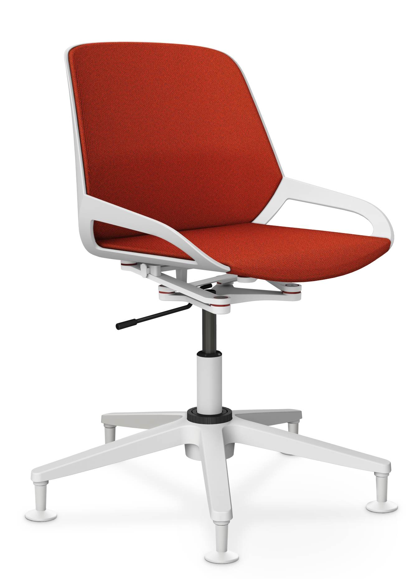 Numo Task Bürodrehstuhl von Aeris mit rotem Stoffbezug und weißem Gestell, ergonomischer Arbeitsstuhl.