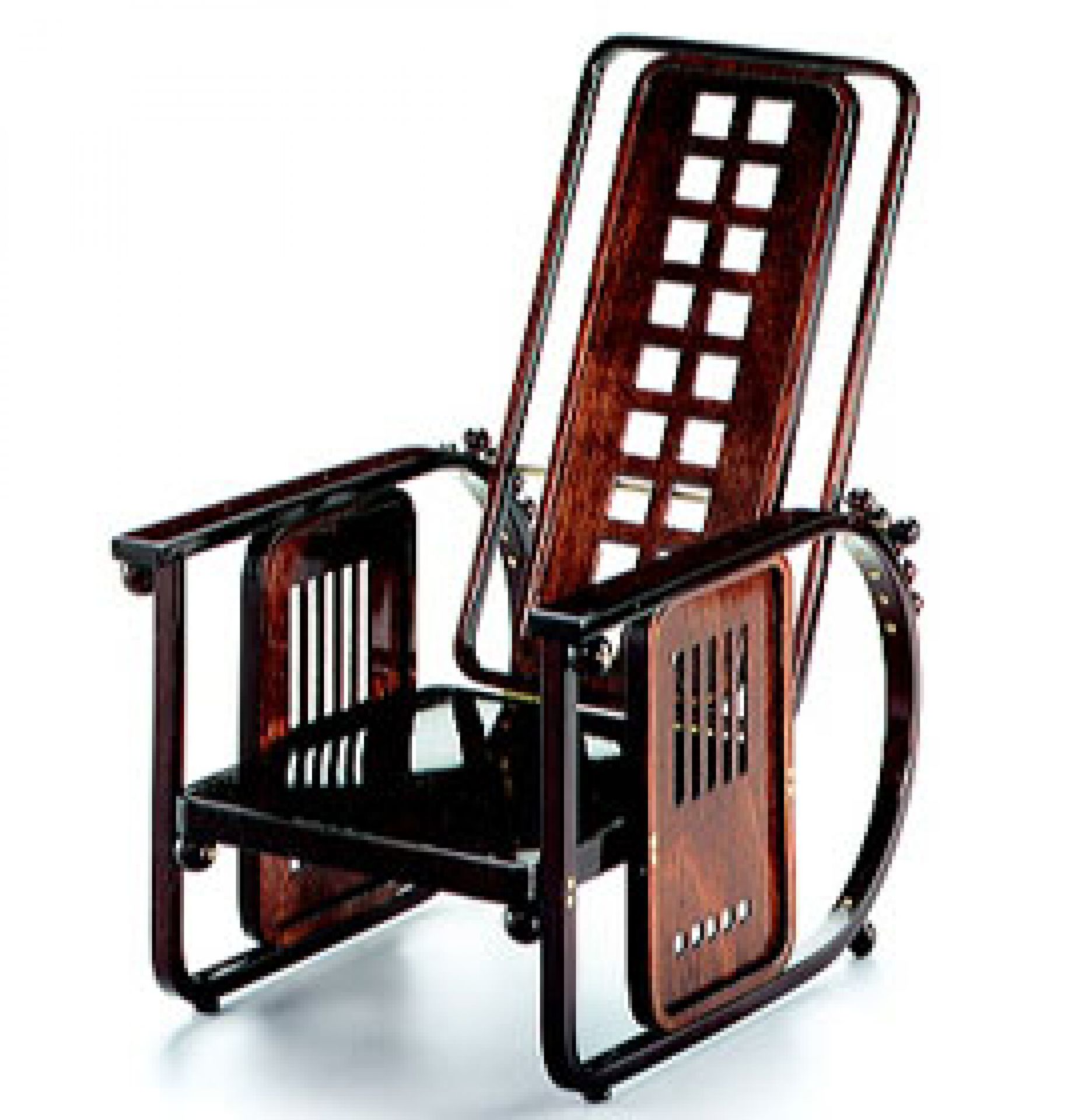 Miniatur Sitzmaschine [1905] von Vitra: Detailaufnahme des braunen Holz-Sessels mit markantem Design. Designklassiker für Sammler.