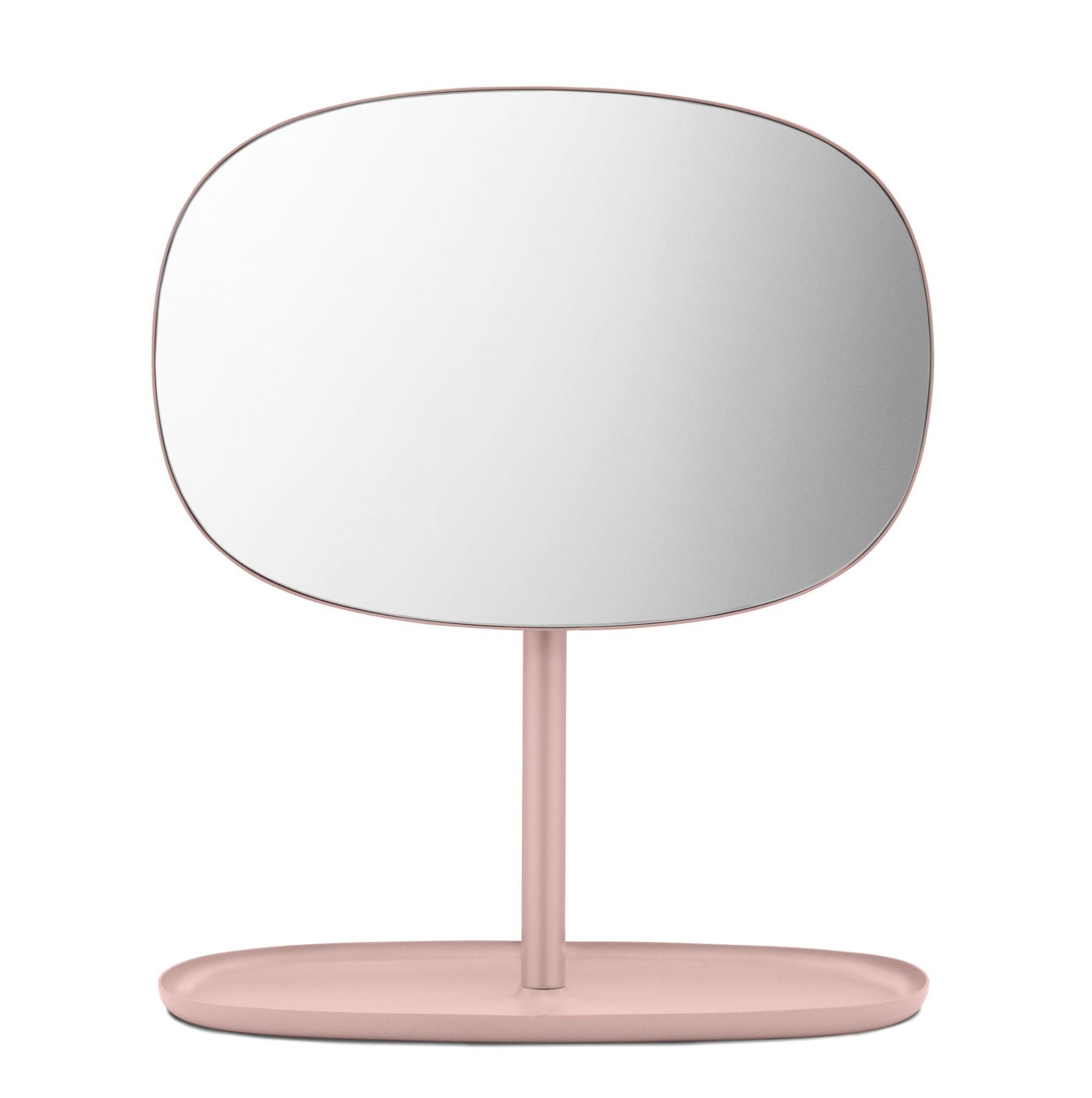 Rosa Flip Spiegel von Normann Copenhagen mit ovalem Spiegelglas und Ablage für Kosmetikartikel.