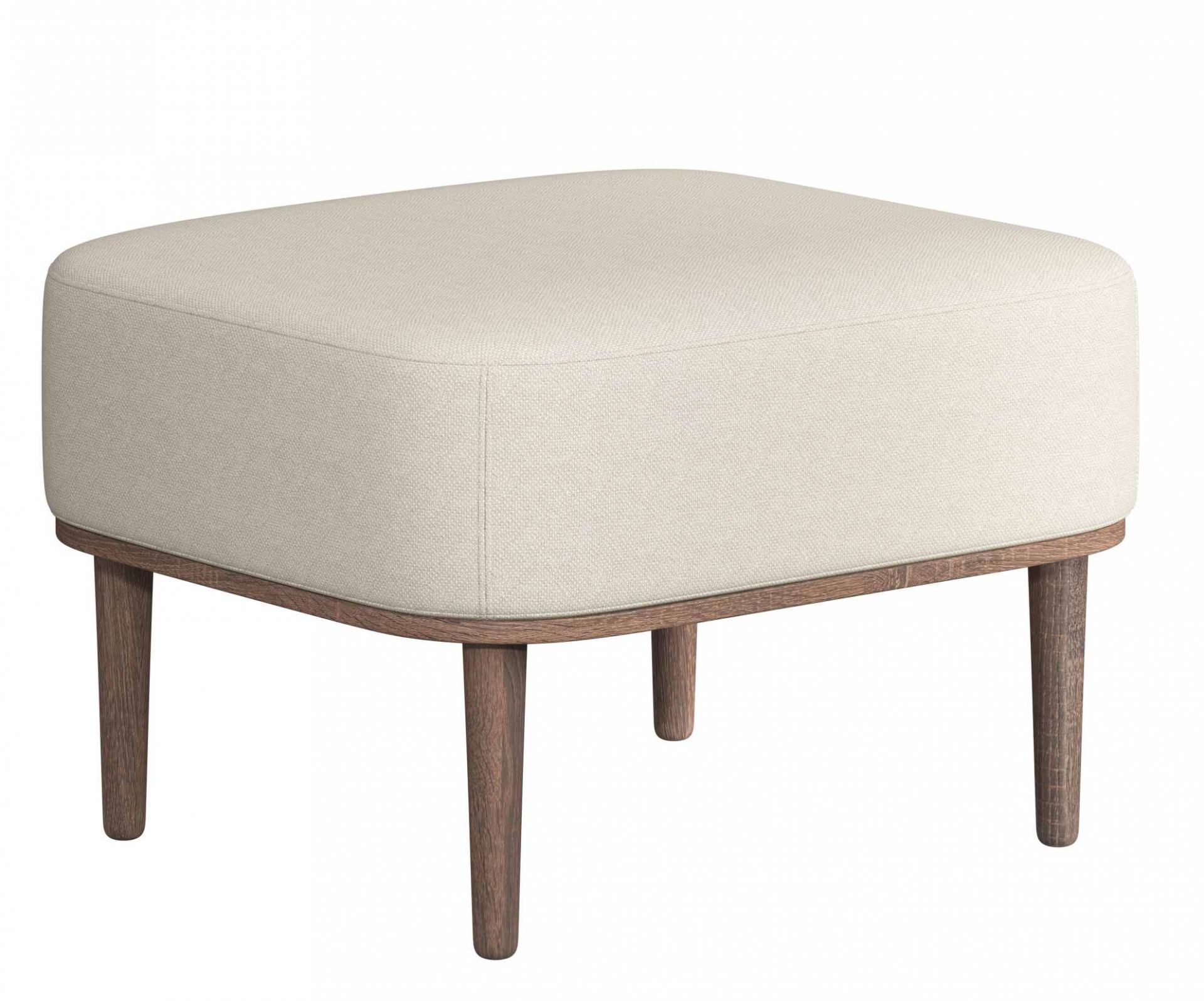 Serena Pouf Ottoman in Sweet Vanilla mit dunkel gebeiztem Eichenholz-Gestell und vier Beinen.