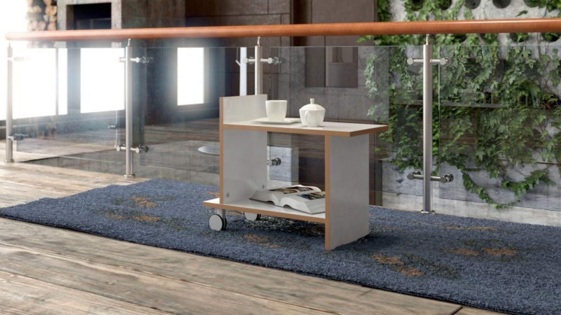 Freund Beistelltisch Tojo in Weiß und Holz mit Rollen, Teetasse und Buch im modernen Wohnzimmer.