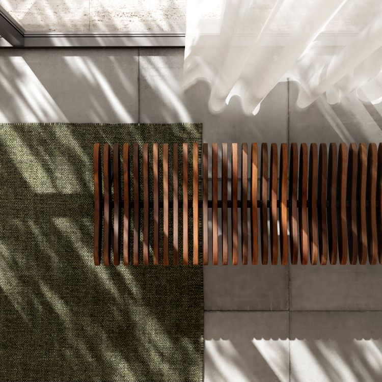 Draufsicht: Prelude Bank mit Holzlatten auf Teppich und Fliesen, modernes Design.