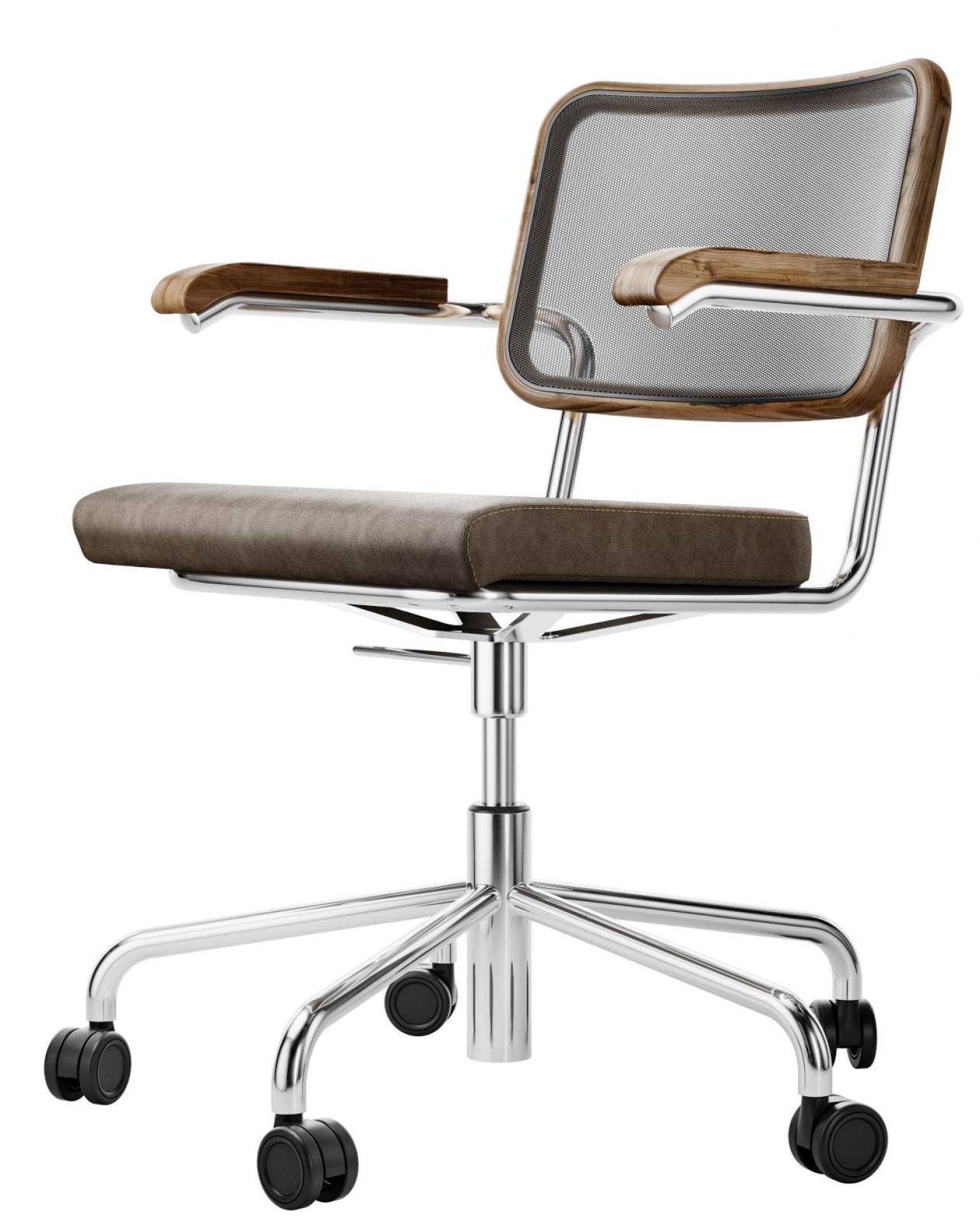 Thonet S 64 Drehstuhl mit braunem Leder, Netzrücken und Holzarmlehnen auf Rollen.