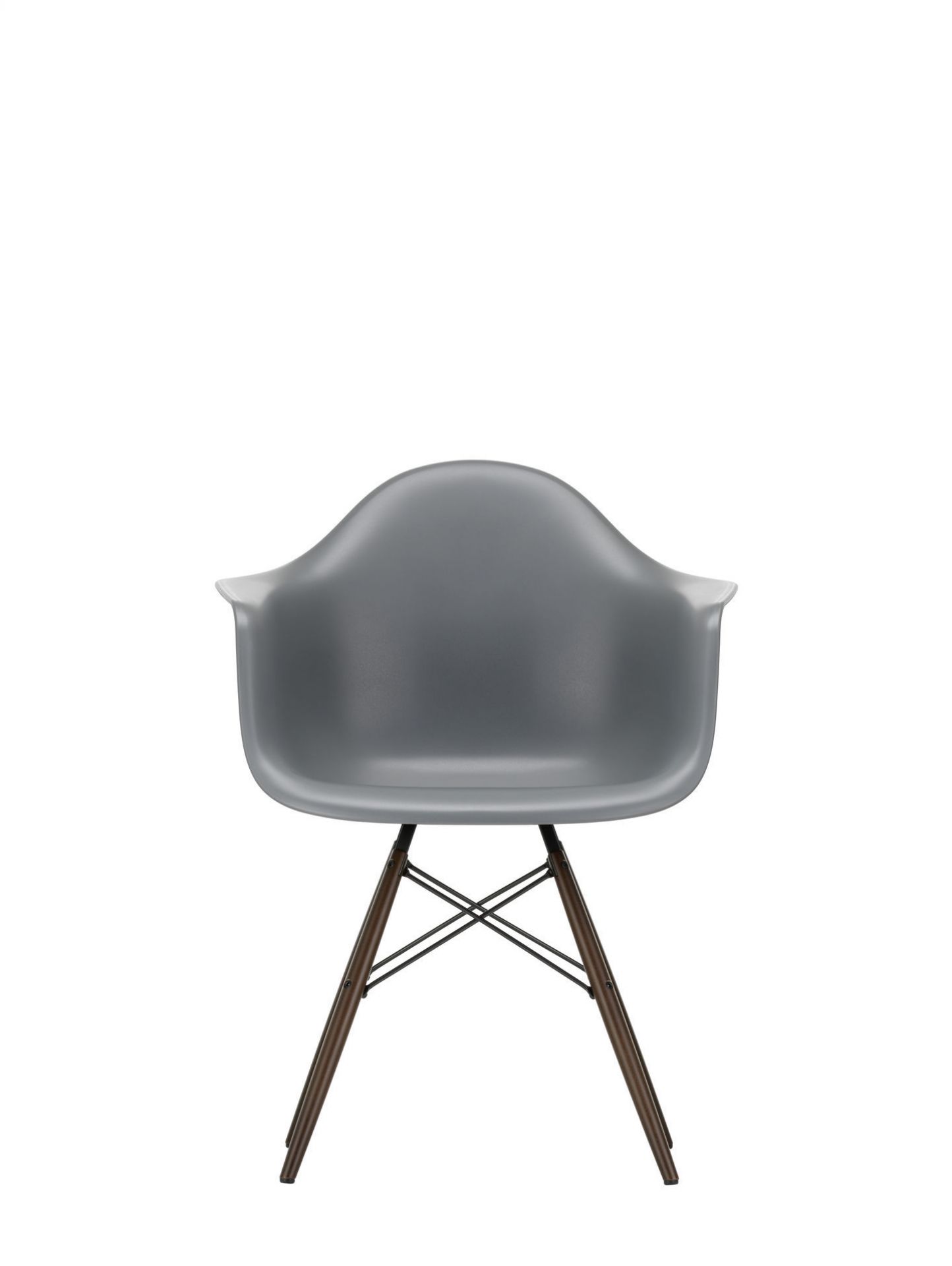Grauer Eames Plastic Arm Chair DAW Stuhl mit Ahorn-Holzgestell, ein moderner Designklassiker.