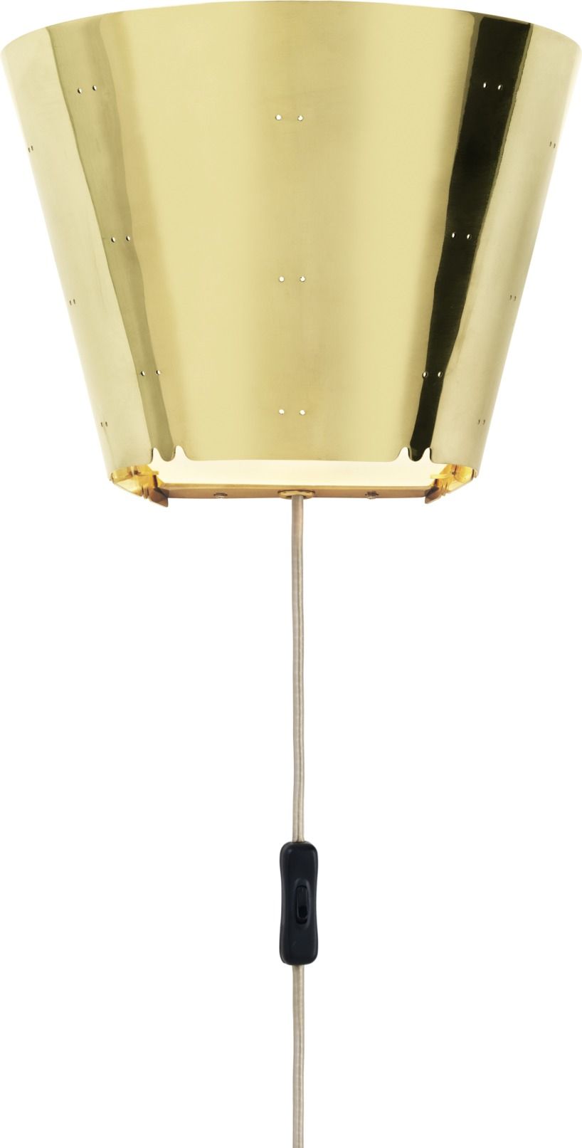 Gubi Wandleuchte 9464 aus Messing: Konische Lampe mit Schalter am Kabel.