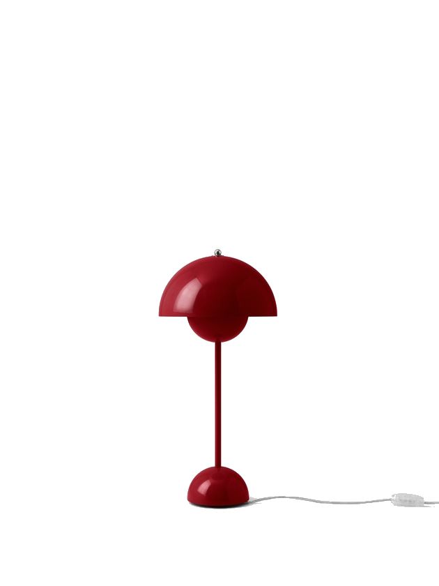 Rote Flowerpot VP3 Tischleuchte von AndTradition, modernes Designobjekt für Wohnzimmer und Schlafzimmer.
