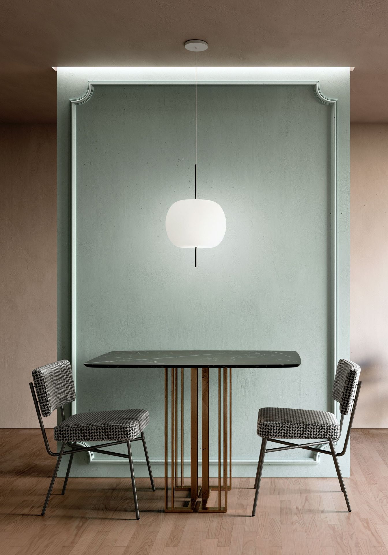 Kushi Pendelleuchte über Esstisch mit zwei Stühlen, modernes Design für Wohnzimmer und Essbereich.