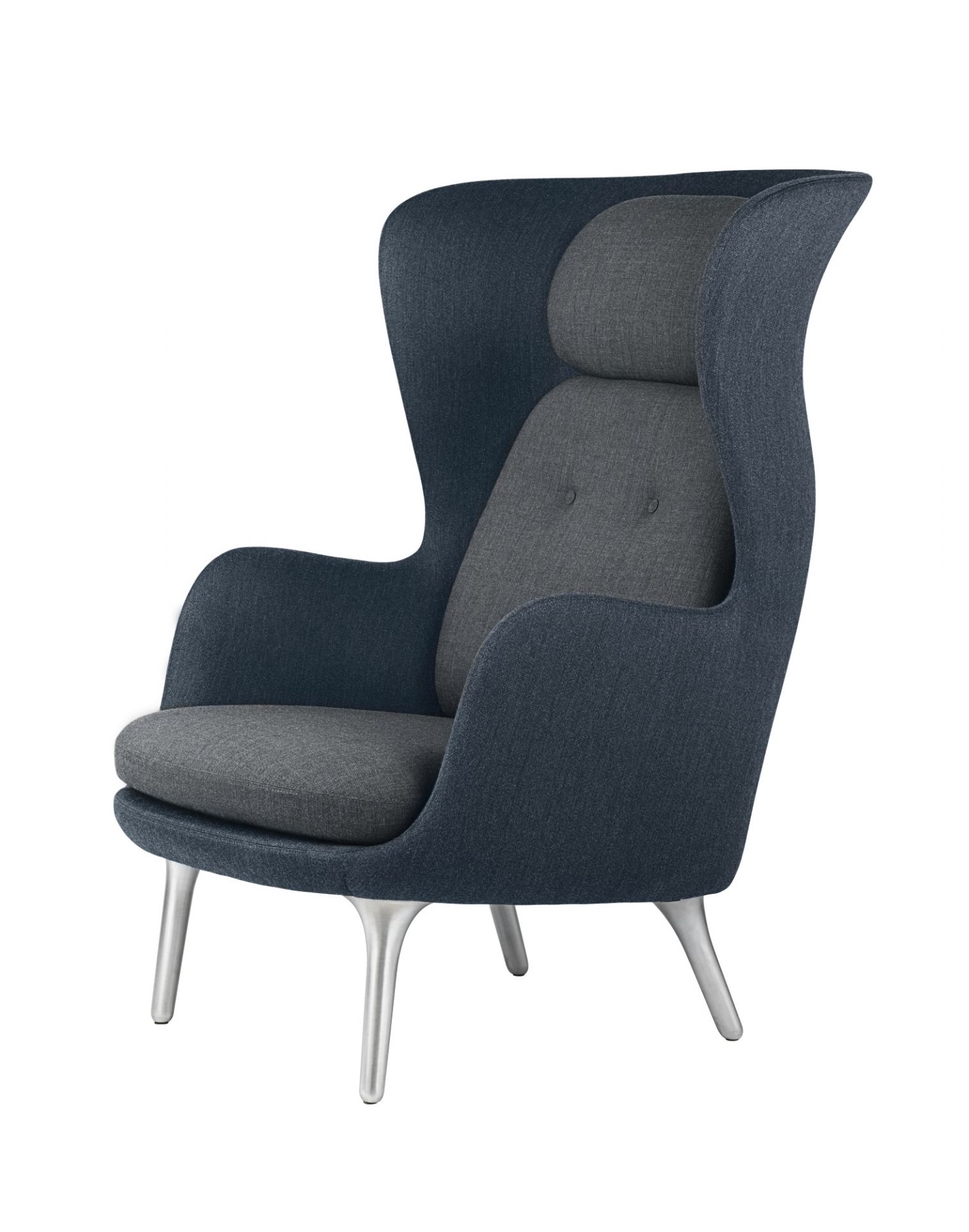 Blauer Ro Sessel von Fritz Hansen mit Aluminiumbeinen und grauen Polstern. Design Sessel.