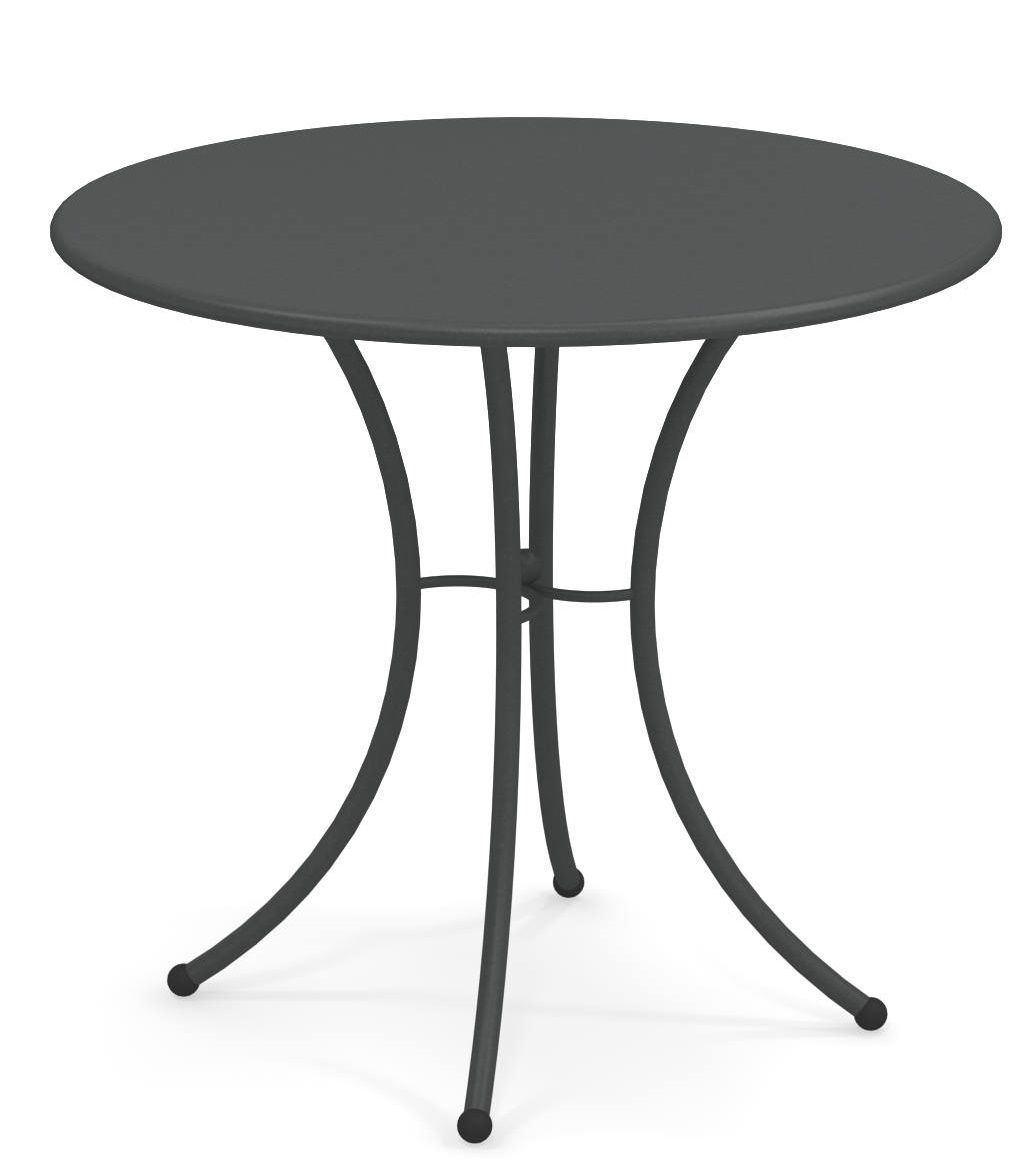 Pigalle Tisch rund von Emu, grauer Gartentisch mit filigranem Metallgestell für den Außenbereich.