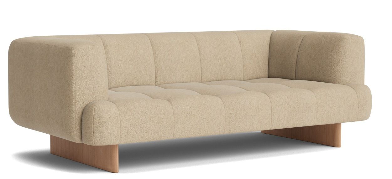 Beiges Quilton Lift Sofa von Hay, modernes 2-Sitzer Sofa mit minimalistischem Design und Holzfüßen.