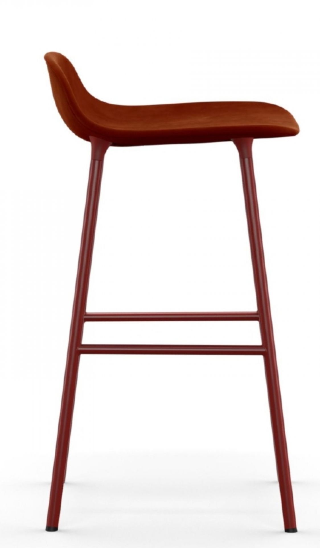 Normann Copenhagen Form Barhocker, Höhe 65 cm, Stahlgestell mit gepolstertem, braunem Sitz in Seitenansicht.