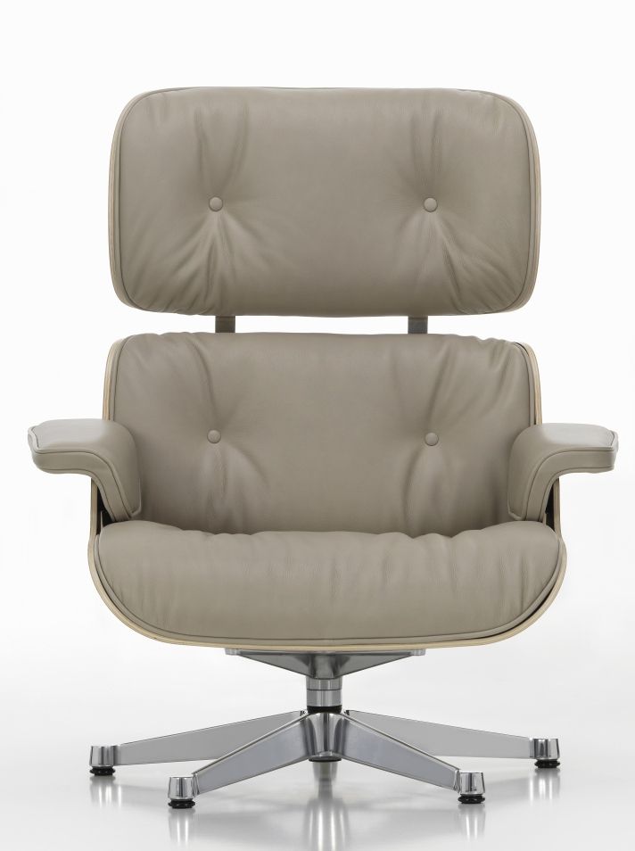 Vitra Eames Lounge Chair Sessel in grauem Leder, Designklassiker mit Drehfuß und Knopfheftung.