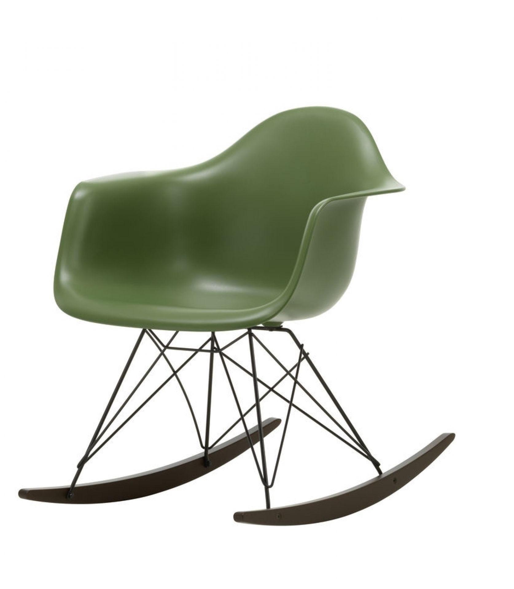 Grüner Eames Plastic Arm Rocking Chair RAR Schaukelstuhl von Vitra mit schwarzem Chromgestell und Ahorn-Schaukelkufen.