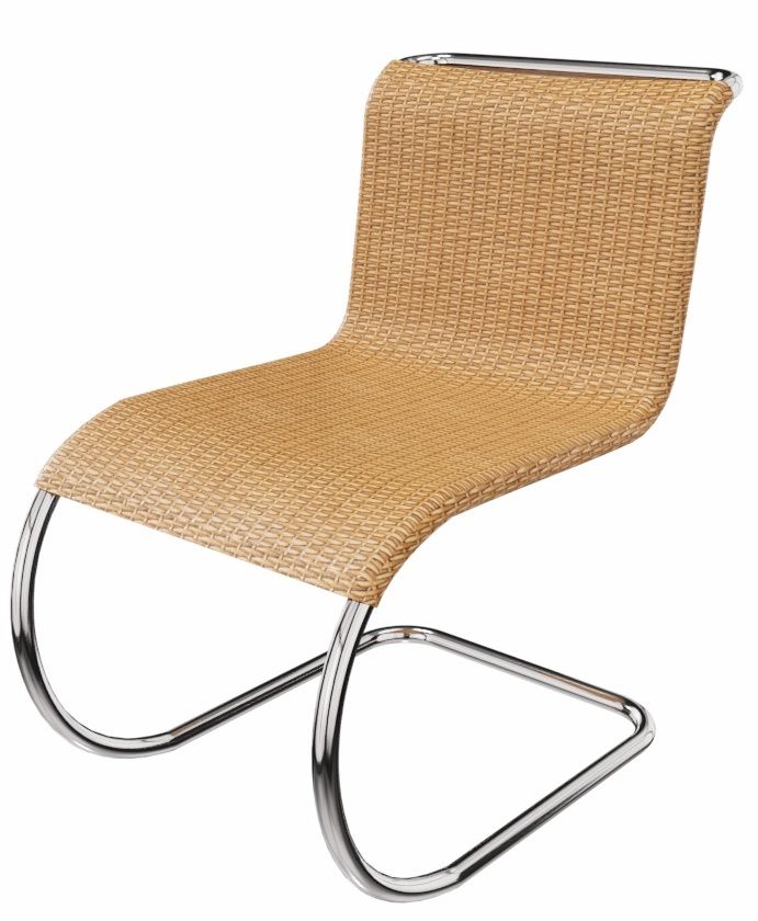 MR Stuhl ohne Armlehnen von Knoll International mit Rattan Sitzfläche und verchromtem Stahlgestell.