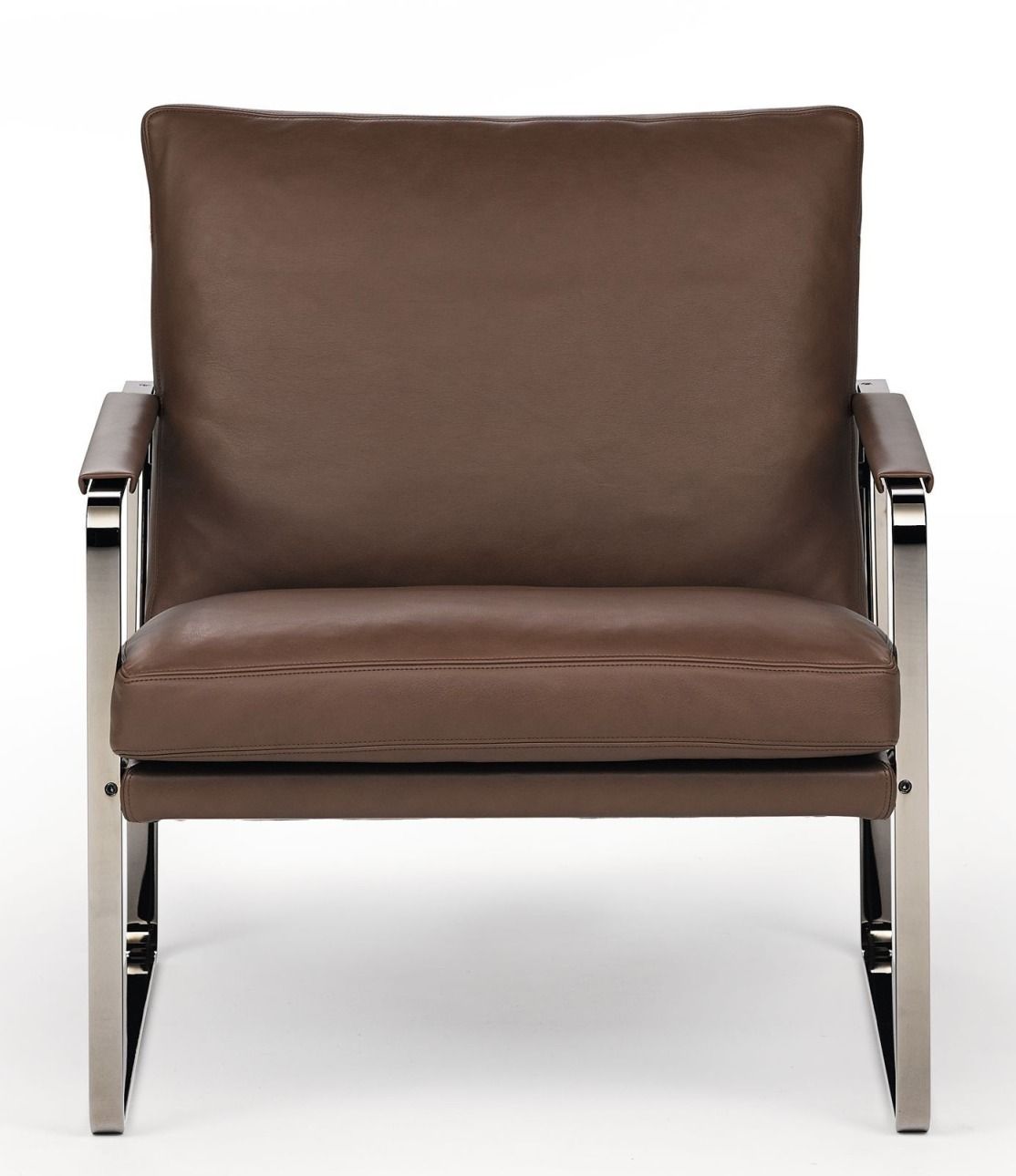 Walter Knoll Sessel Fabricius 710 in braunem Leder mit poliertem Edelstahlgestell, Frontansicht.